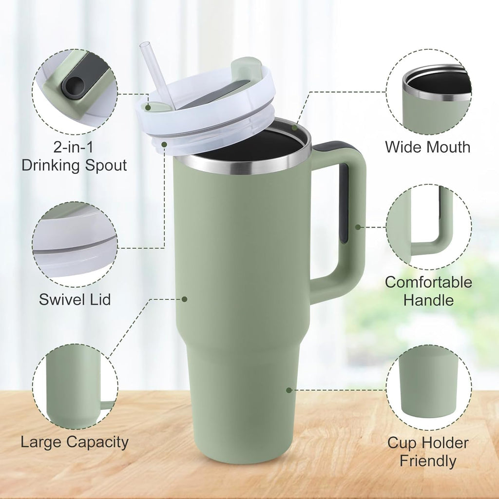 Insulated Travel Tumbler with Handle & Straw – 1200ml Large Capacity Stainless Steel Mug